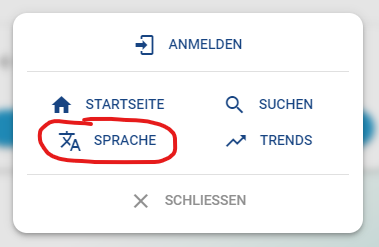 Screenshot showing "SPRACHE" button in the TaskCards menu