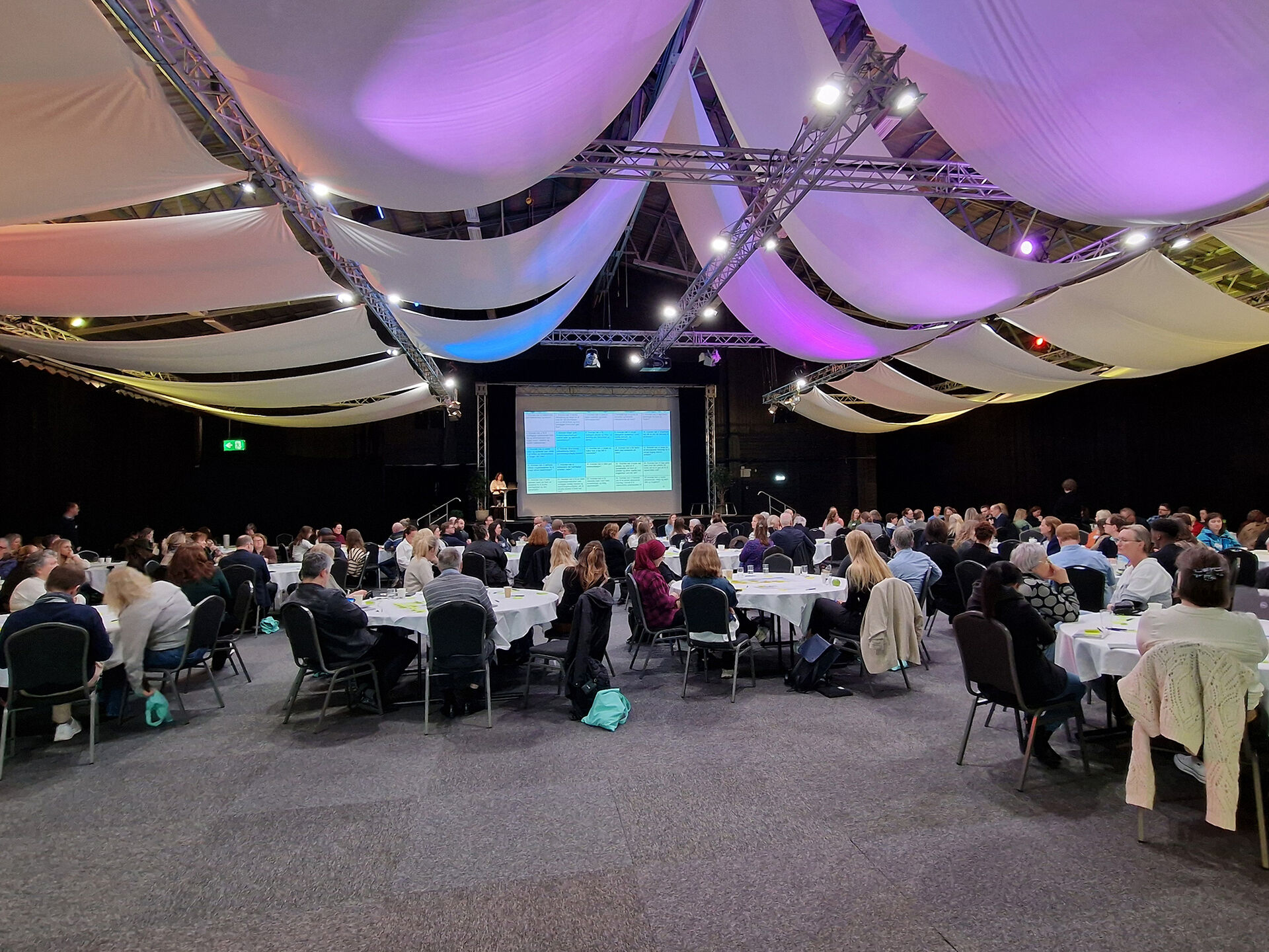 Bildet viser en stor samling ansatte sittende ved runde bort i en konferansesal med en storskjerm i bakgrunnen. 