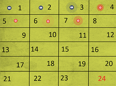 tabell med grønn bakgrunn og 24 nummererte ruter