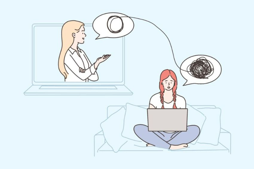 Illustration of an intervention through computer screen. A therapist on one laptop creen communicating to an individual sitting on a sofa with her laptop.