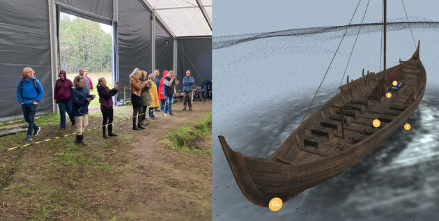 Til venstre: Publikum besøker Gjellestadutgravningen i 2020. Til høyre: Skipet som det er fremstilt på Gjellestadstory.no 