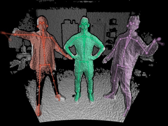 Gruppebilde tatt med Azure Kinect sin skjelett-tracker overlay som viser de tre medlemmene i skjelettdrakter.