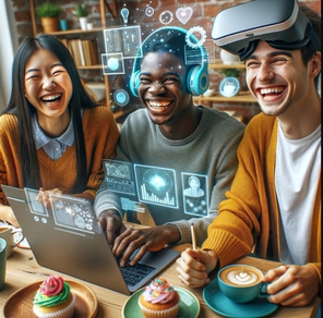 Tre studenter bruker digitale verktøy på cafe