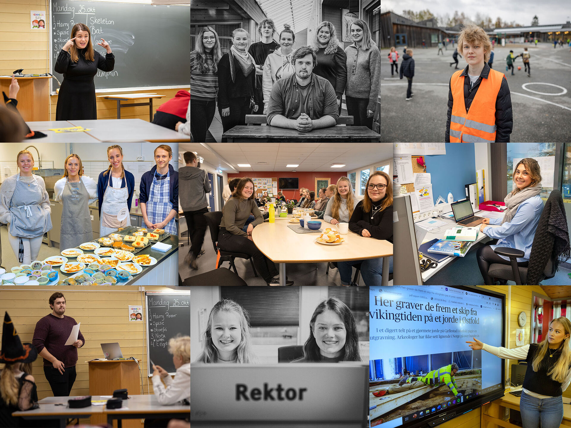 Dette foto viser en samling av ni bilder med lærerstudentene som tok over 2 Østfold-skoler i oktober 2021.