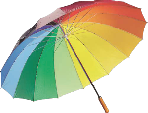 Bildet viser en oppslått paraply i regnbuefarger.