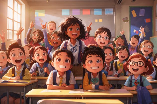 a classroom with diverse and happy fifth grade pupils and an enthusiastic teacher pixar style