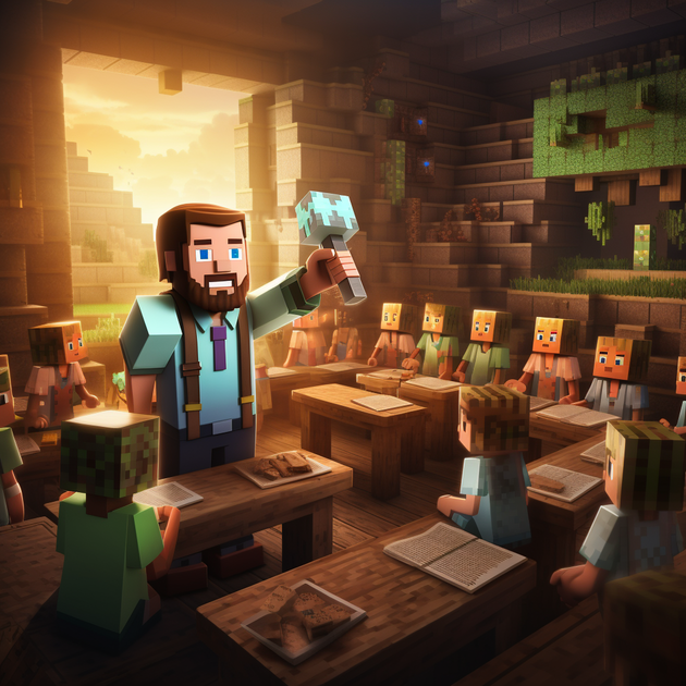 Lærer og elever i en Minecraft verden
