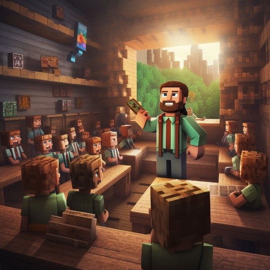 KI-generert klasserom i Minecraft-stil med en lærer og glade elever