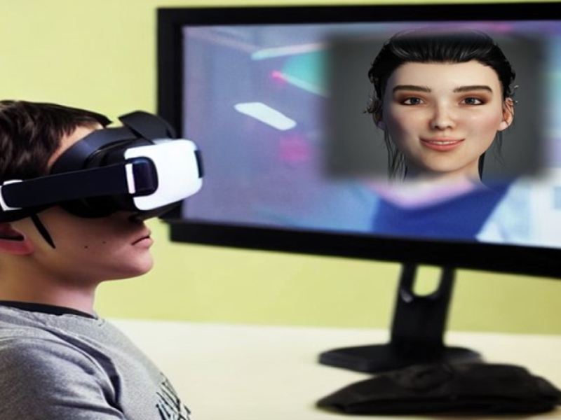 Boy wearing virtual reality head-mounted displays. Sitting next to a monitor displaying a woman avatar.