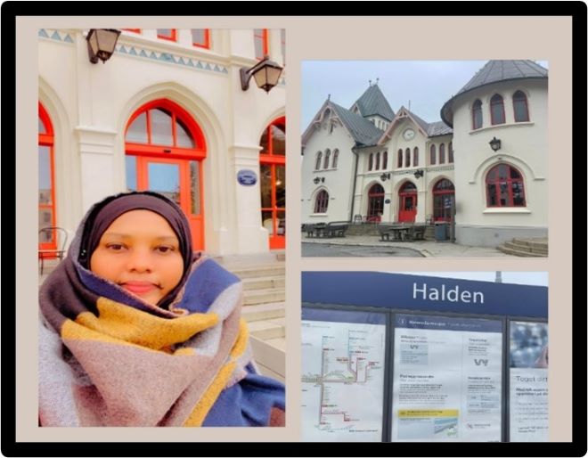 A collage of three pictures: to the left Maryam, to the right: Halden railway station on the top and tourist information underneath.