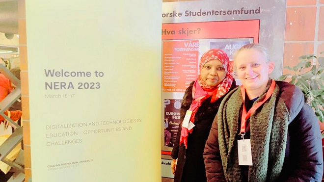 The photo shows Gunhild Brænne Bjørnstad and Maryam Jaffar Ismail at the NERA 2023. 