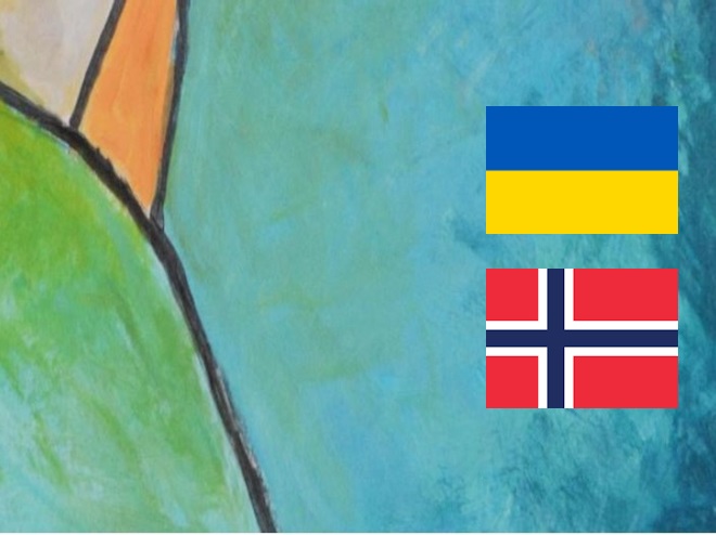 Bildet viser et lite utdrag av et studentarbeid av Hilde Lilland, samt det ukrainske og norske flagget
