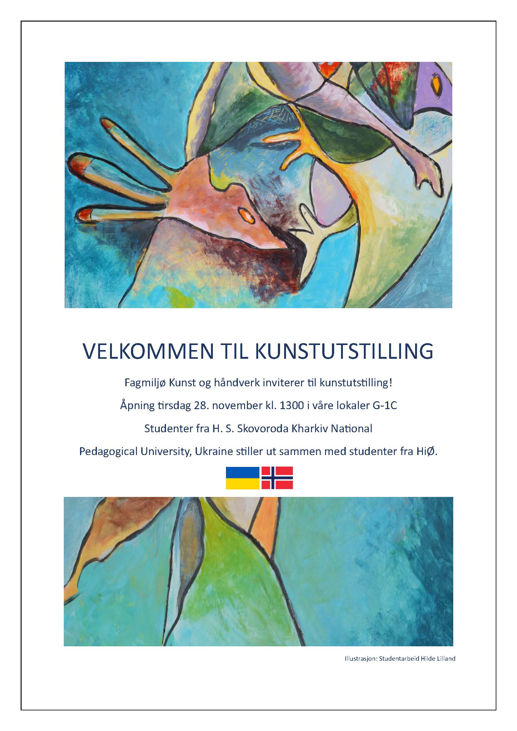 Bildet viser en plakat for utstillingen. Deler av plakaten er et studentarbeid av Hilde Lilland.