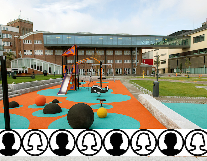 Fotomontasje som viser høgskolen og åtte personprofiler. 