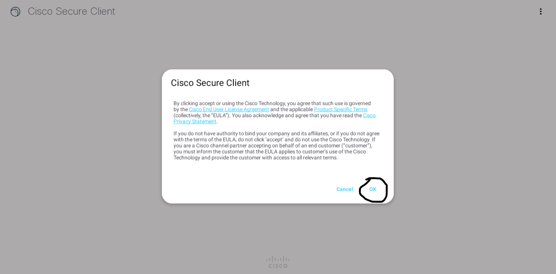 Bilde som viser popupmelding som må godkjennes i Cisco AnyConnect