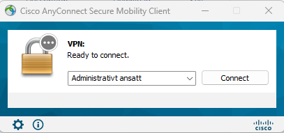 A picture showing Cisco AnyConnect with Administrativt ansatt filled in automatically