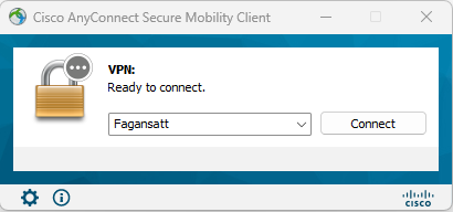 A picture showing Cisco AnyConnect with Fagansatt filled in automatically
