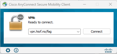 A picture showing Cisco AnyConnect with vpn.hiof.no/fag filled in manually