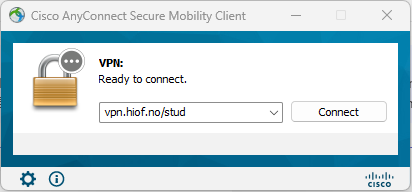 A picture showing Cisco AnyConnect with the new vpn.hiof.no/stud server selected.