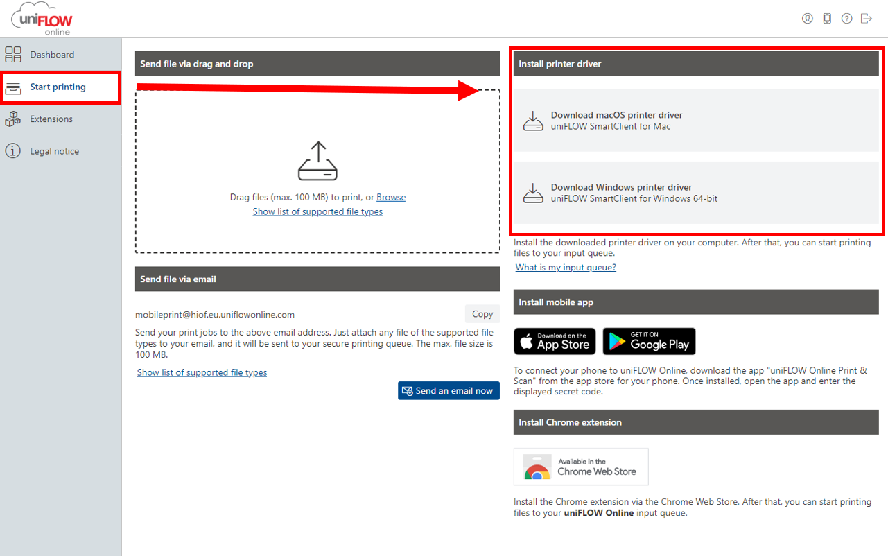 Screenshot showing where you can download the uniFLOW SmartClient